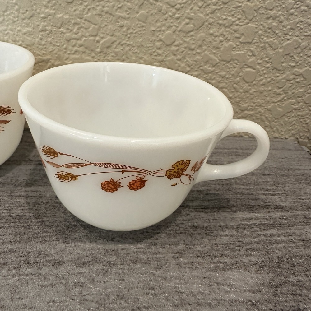Pyrex Harvest Home Set 2 Milk Glass Wheat Flowers Coffee Tea Cups - Picture 5 of 9